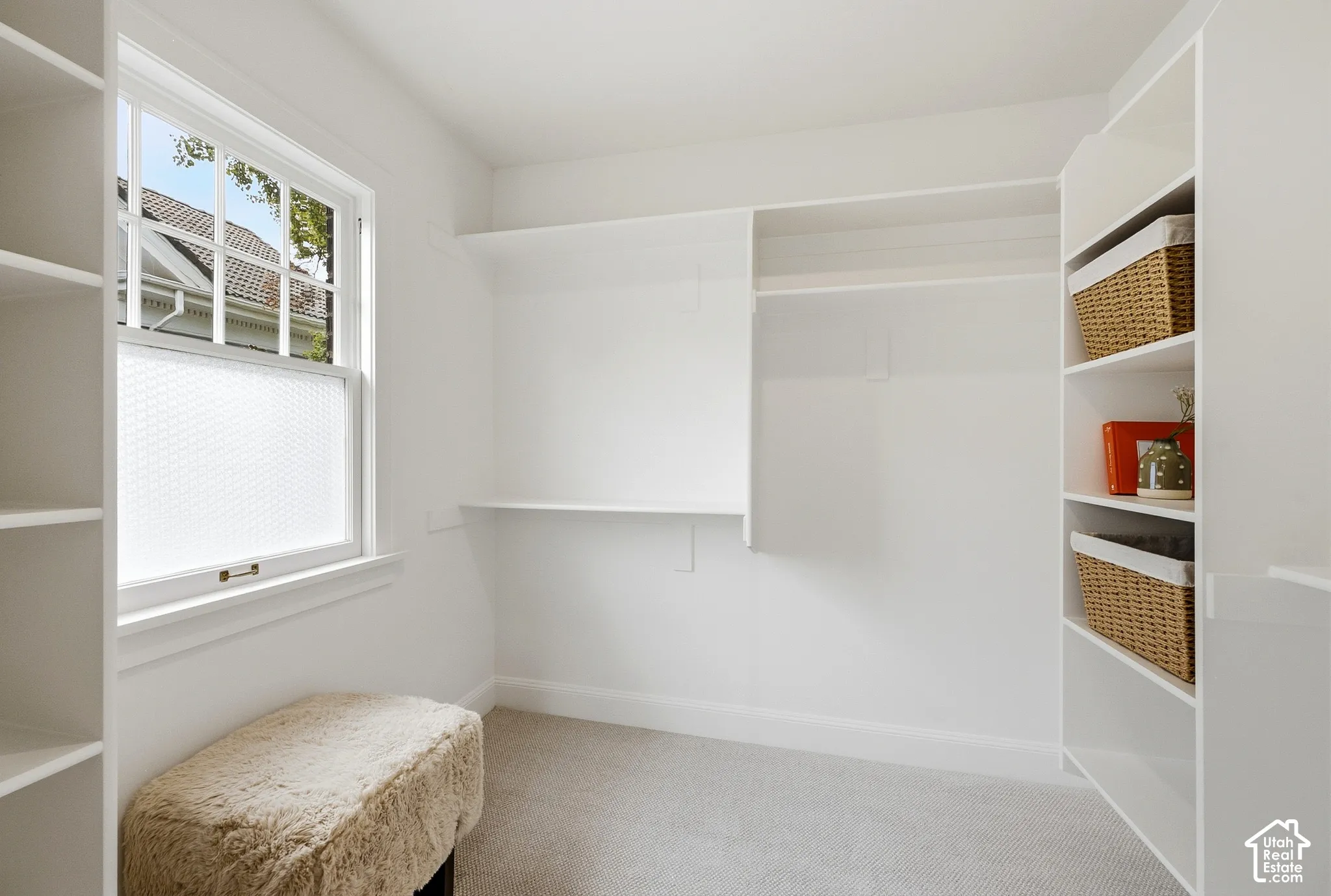 Built-in shelving, hanging rod, and wall-mounted shelving units