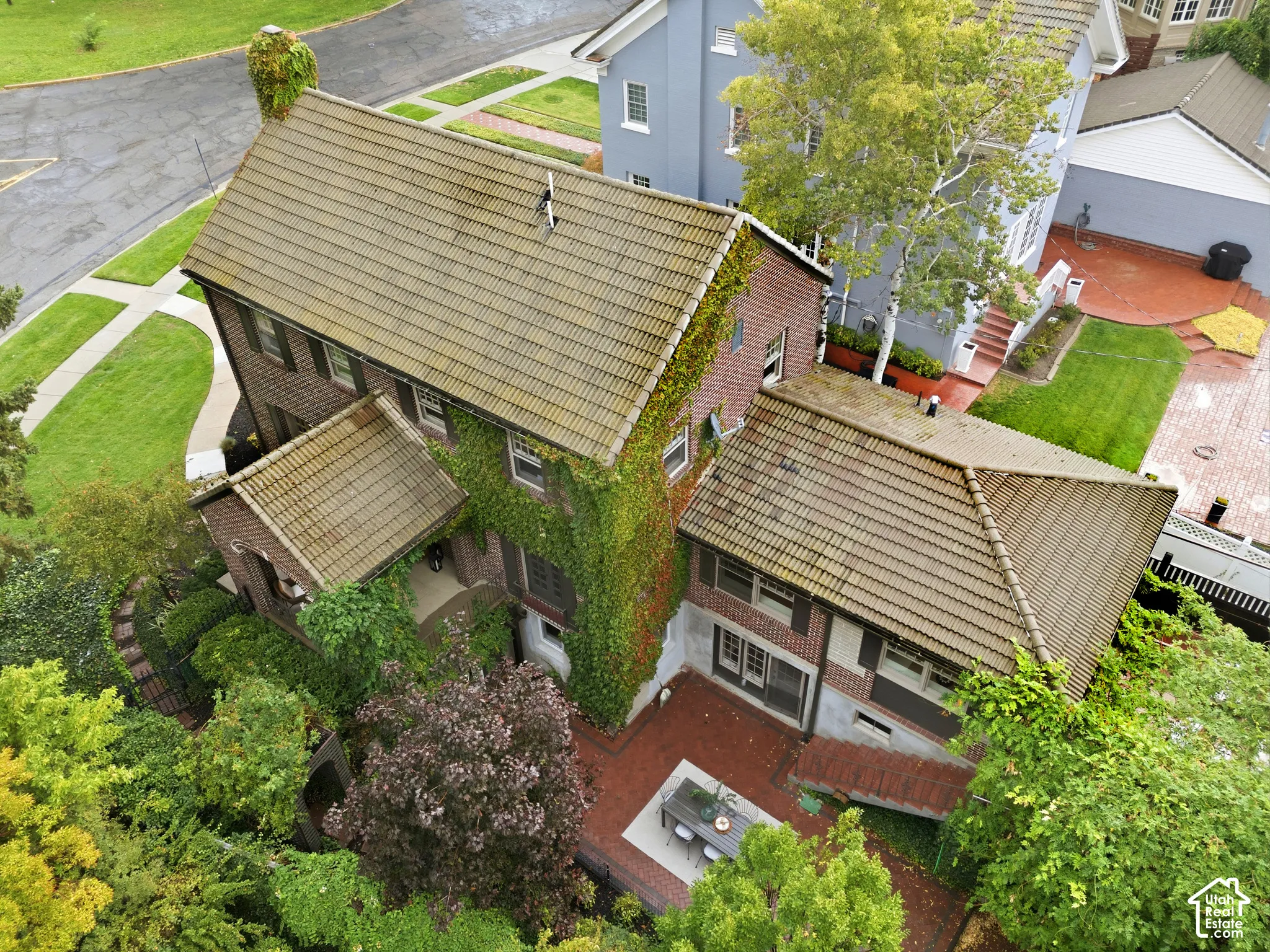 Brick exterior with extensive vine coverage, multi-level terra cotta tile roofing, and multiple windows with dark shutters