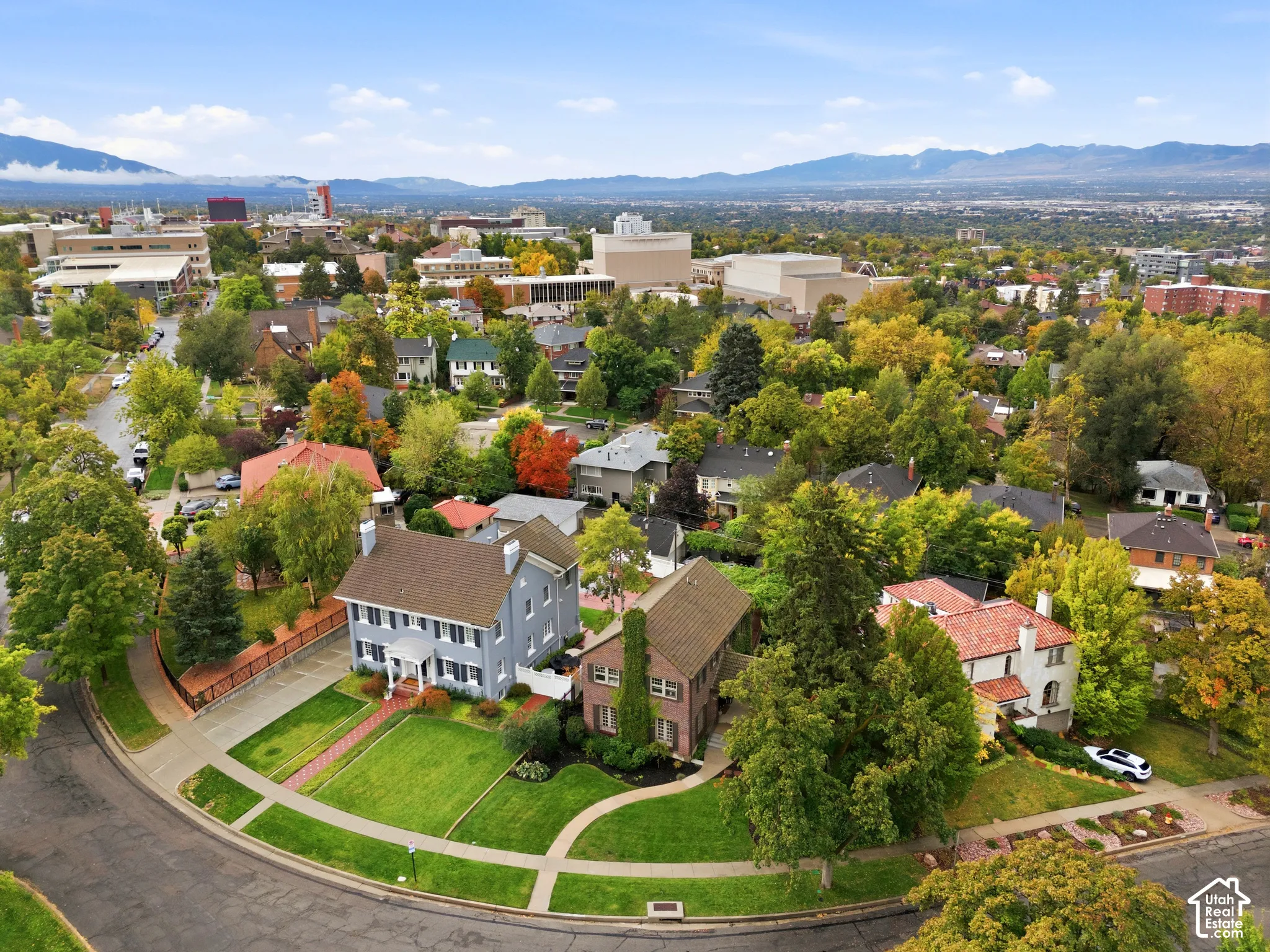 Aerial perspective showcasing a residential neighborhood with mature trees and mountain scenery