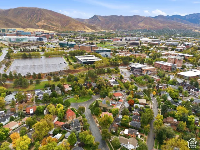 Expansive aerial perspective showcasing a residential area with mature trees, surrounded by commercial buildings and distant mountains under a blue sky