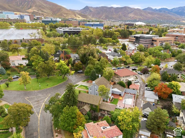 Mountainous backdrop, verdant trees, dense residential area, mixed architectural styles, paved roadways