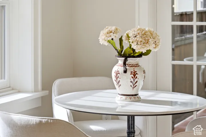 The sun casts a cheery light on the breakfast nook