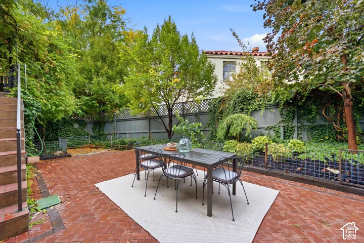 Brick patio space with raised garden beds and mature perimeter landscaping