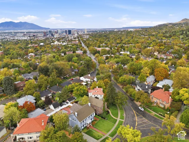 Aerial perspective showcasing a residential area with varied home styles, abundant mature trees, and mountainous terrain in the distance