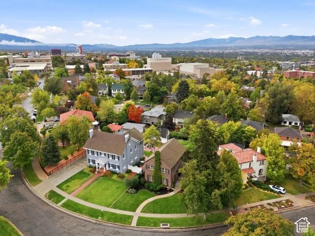 Aerial perspective showcasing a residential neighborhood with mature trees and mountain scenery