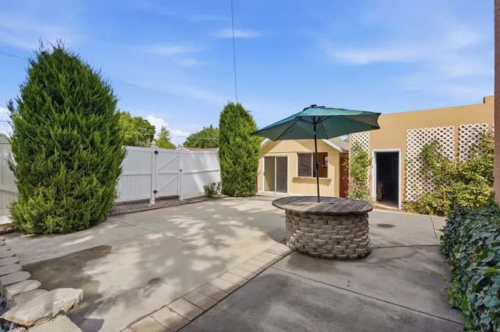 Expansive concrete patio area with a stone-finish fire pit, mature evergreen landscaping, and white vinyl privacy fencing