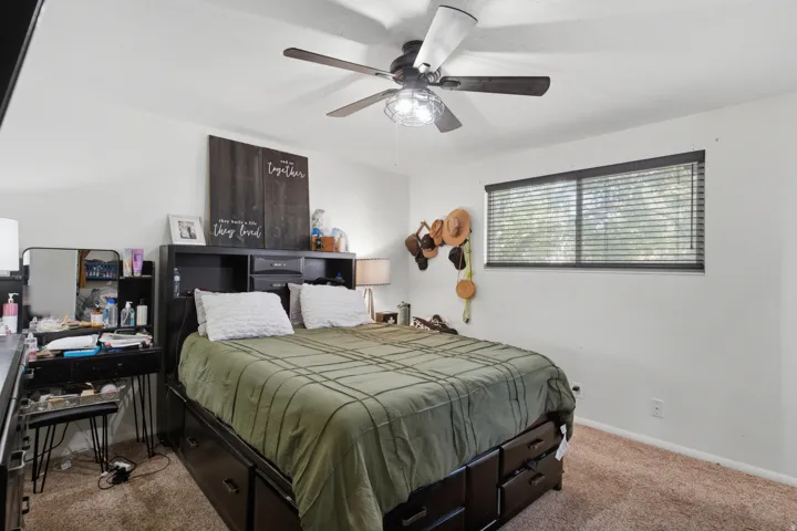 Ceiling fan with integrated lighting, recessed window with blinds, and neutral carpet flooring