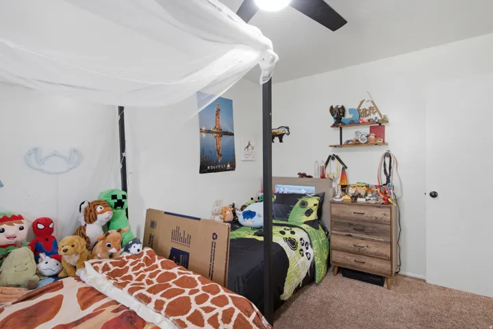 White interior walls with neutral carpeting