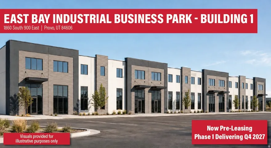 Real Estate Marketing Flyer. Illustrating an industrial business park building with address and pre-leasing information