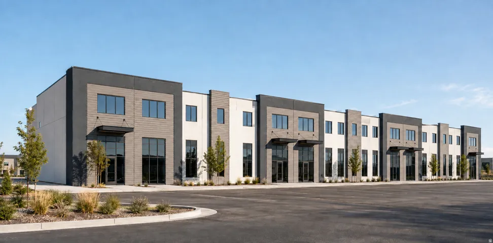 Modern commercial building featuring a multi-tone facade, expansive glass storefronts, and a paved parking area