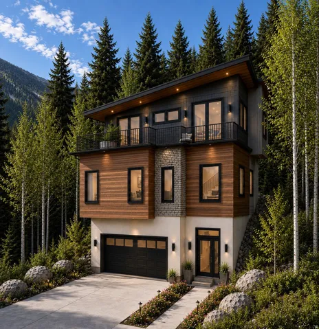 Multi-level contemporary exterior with wood-finish siding, stone accents, black-framed windows, and multiple balconies