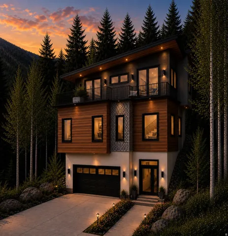 Contemporary exterior with wood-finish siding and stone accents