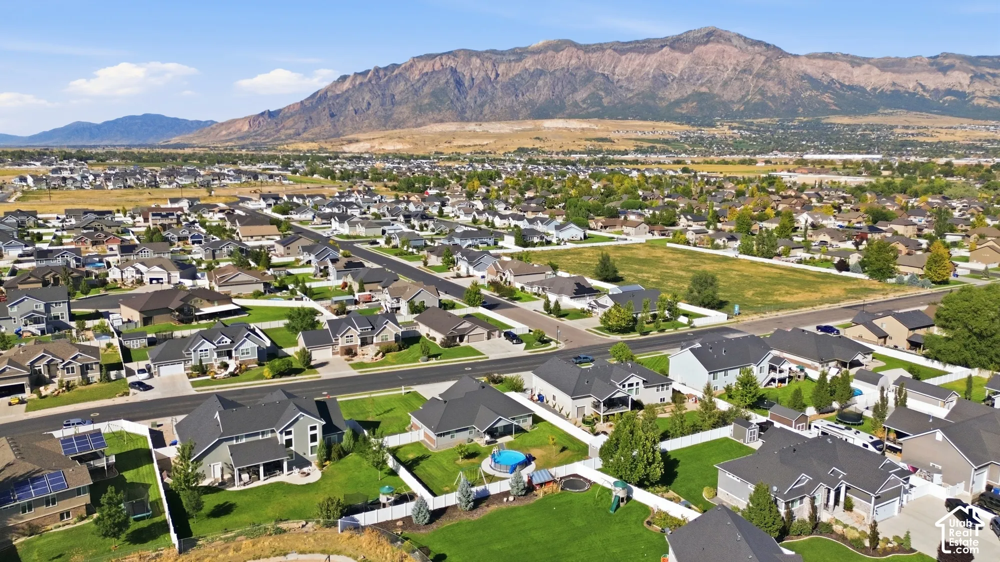 Expansive neighborhood with diverse residential architecture and landscaped properties
