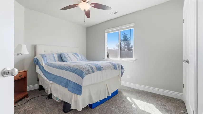 Neutral wall paint, carpet flooring, a ceiling fan with integrated lighting, and a white-framed window