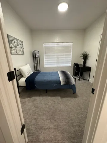 Recessed lighting, window with blinds, light-colored walls, and gray patterned carpeting