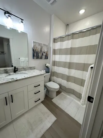 White vanity with black hardware, stone-finish countertop, wood-finish flooring, recessed lighting, and a shower with a curtain rod