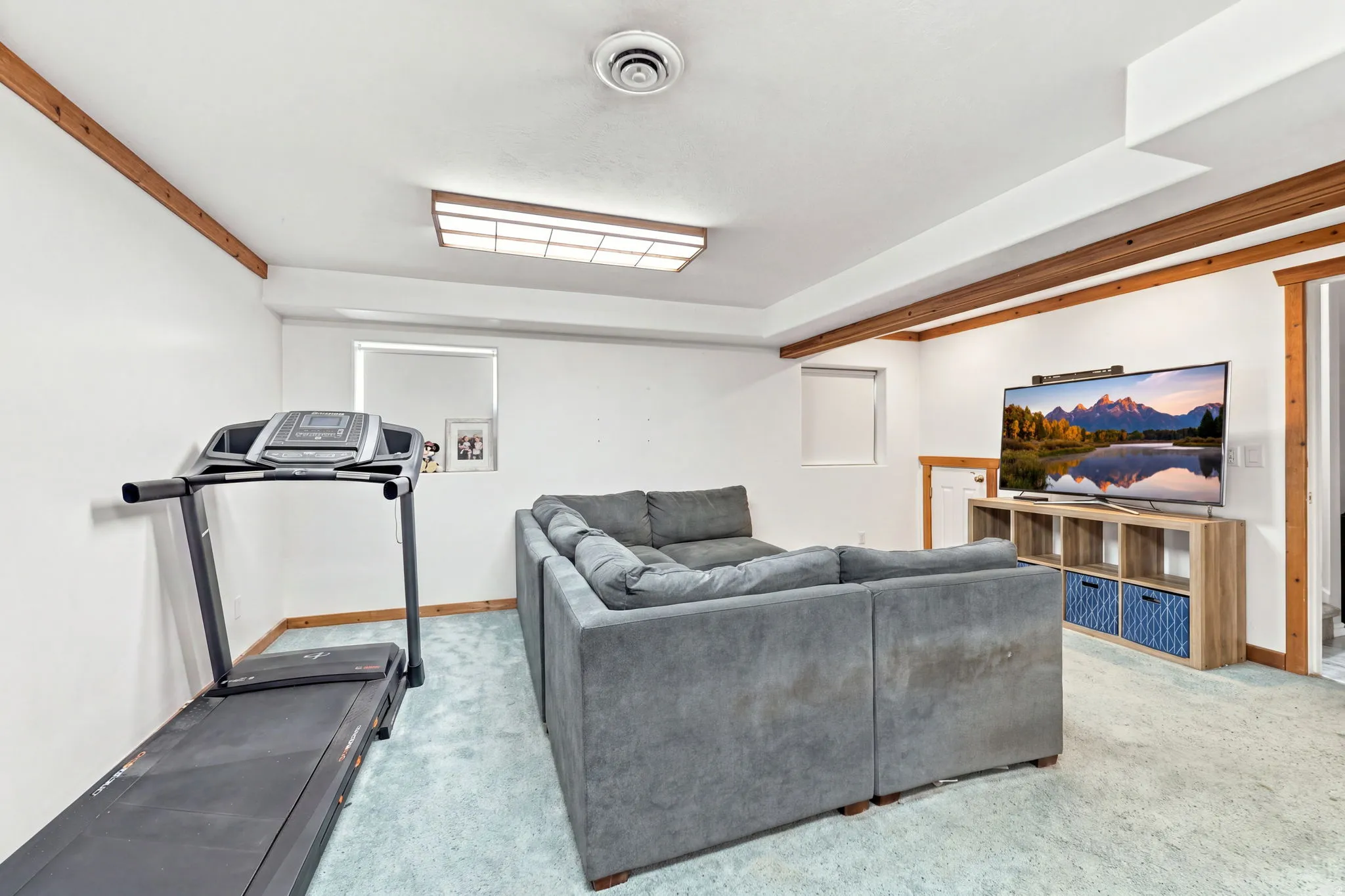 Carpeted recreation room with wood-trim accents, flush-mount lighting, and white walls