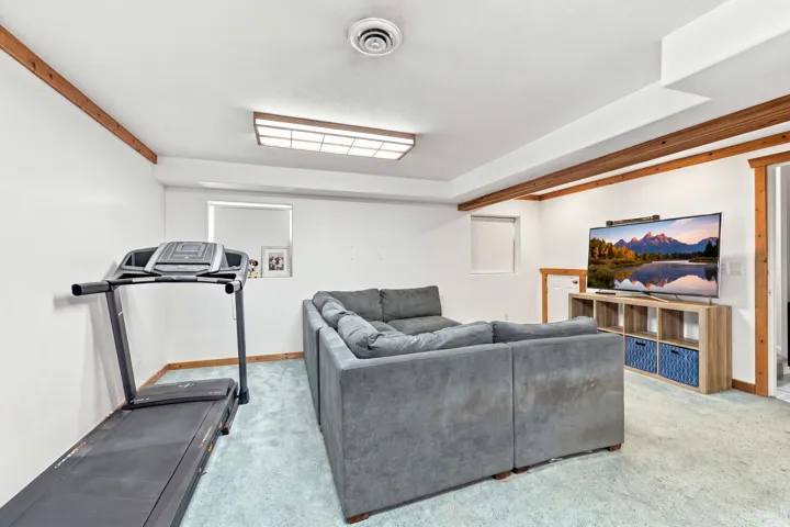 Carpeted recreation room with wood-trim accents, flush-mount lighting, and white walls
