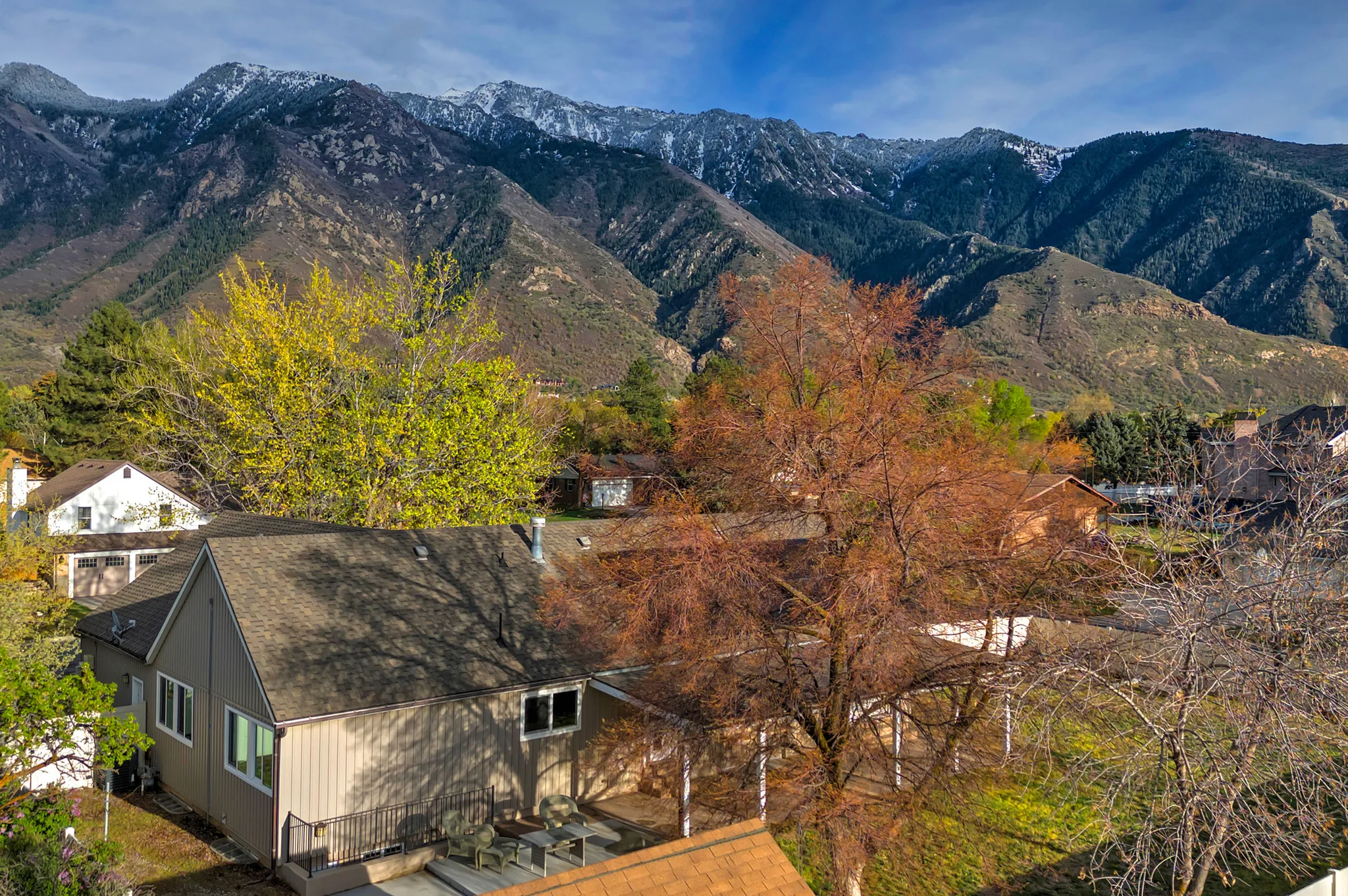 Mountain backdrop featuring snow-capped peaks and varied foliage