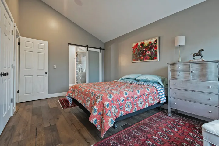 Vaulted ceiling, wood-finish flooring, white paneled doors, and a sliding barn door with frosted glass