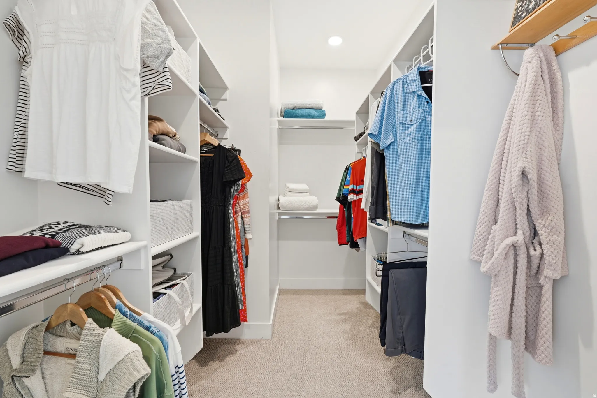 Walk-in closet with carpet flooring, recessed lighting, and multiple shelving units