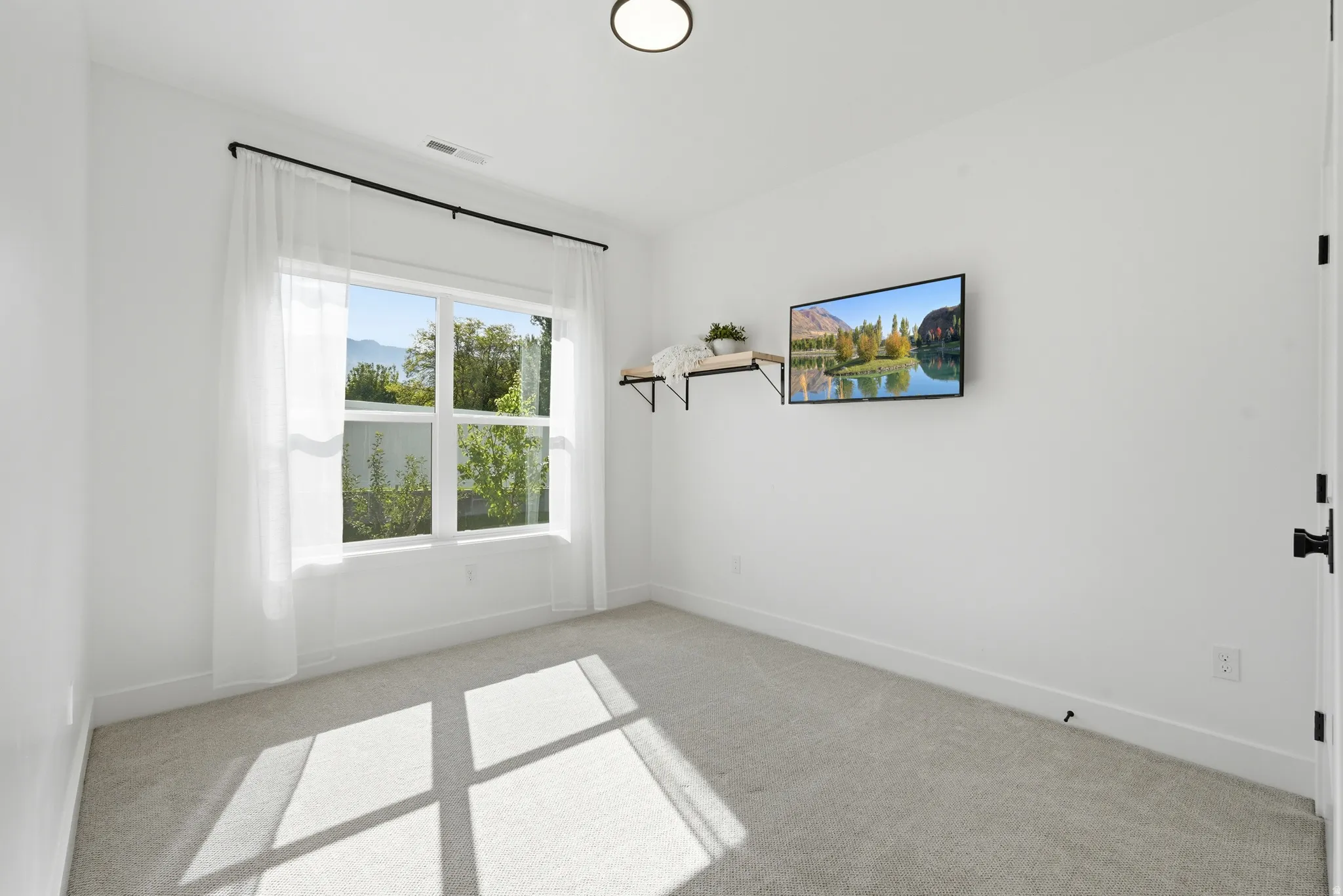 Recessed ceiling light, wall-mounted television, white walls, carpeted flooring, and a window with black hardware