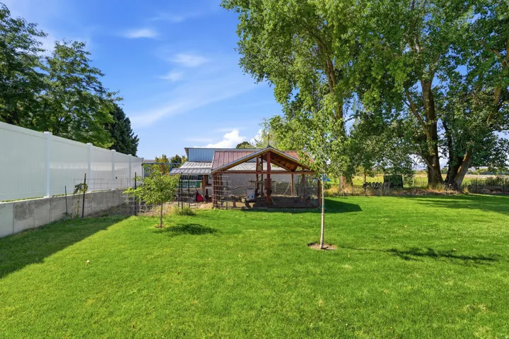 Expansive green lawn, white privacy fencing, and mature trees provide a substantial outdoor space