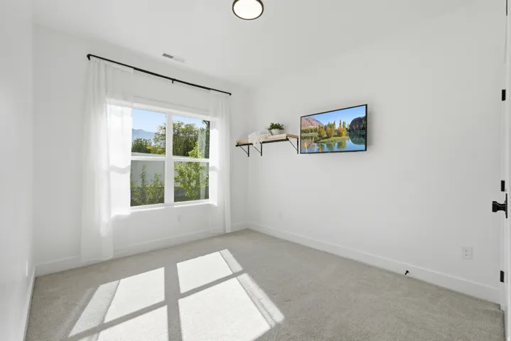 Recessed ceiling light, wall-mounted television, white walls, carpeted flooring, and a window with black hardware