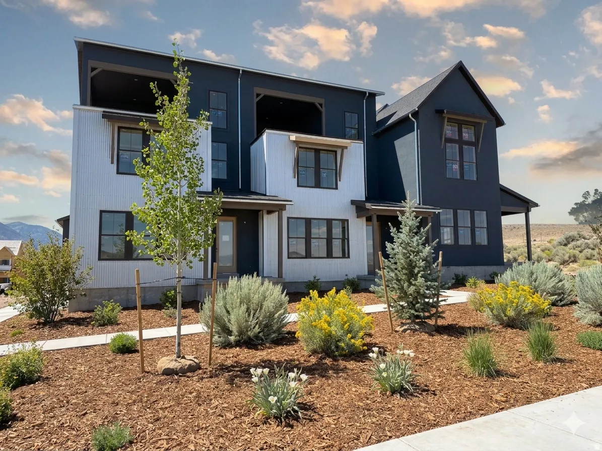 Modern multi-level exterior with board and batten siding, multiple windows, and a covered entry