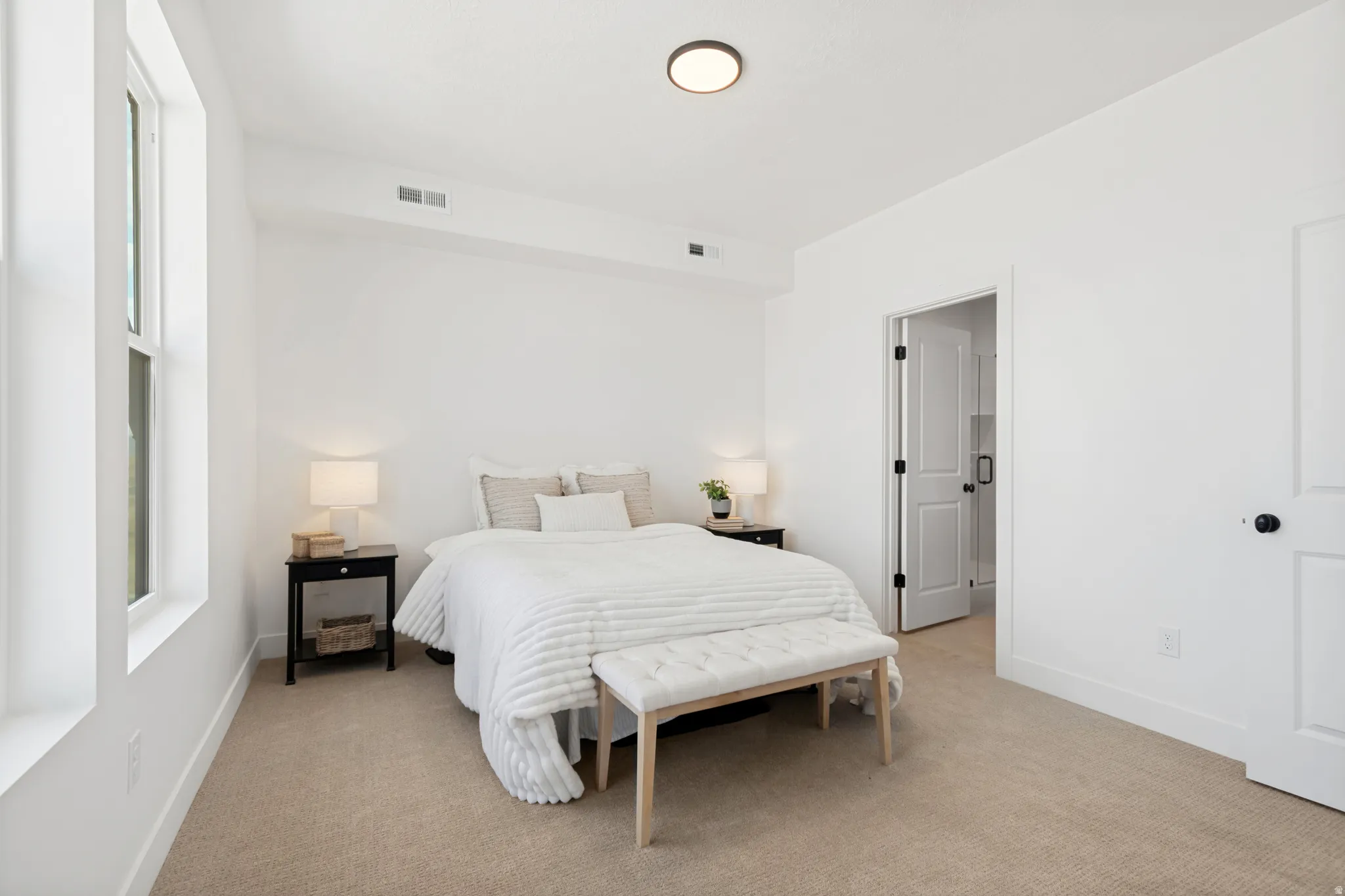 Wall-to-wall carpeting and a single window with white trim