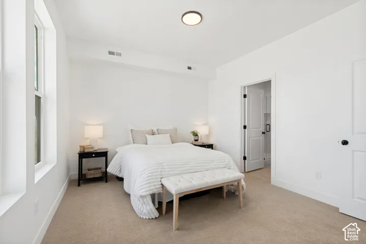Wall-to-wall carpeting and a single window with white trim