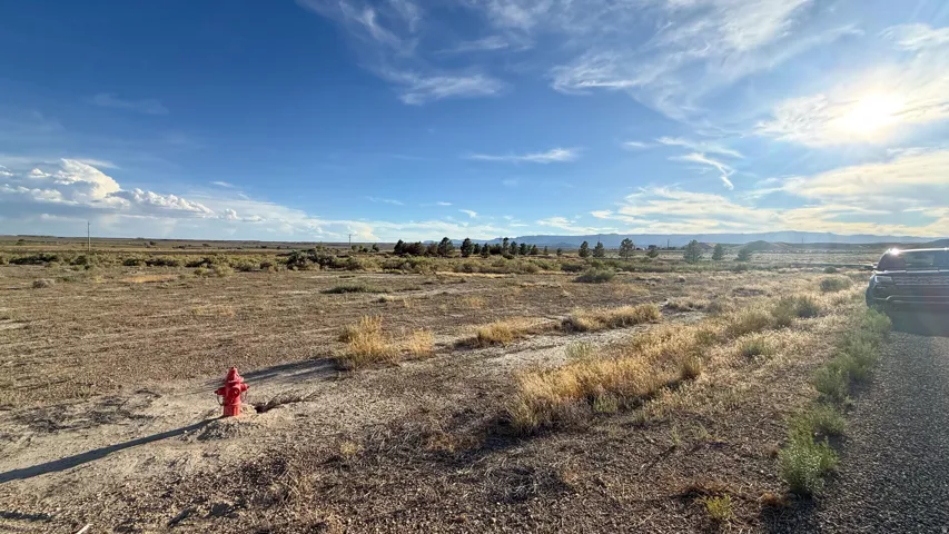 Expansive land parcel with distant mountain ranges and a fire hydrant