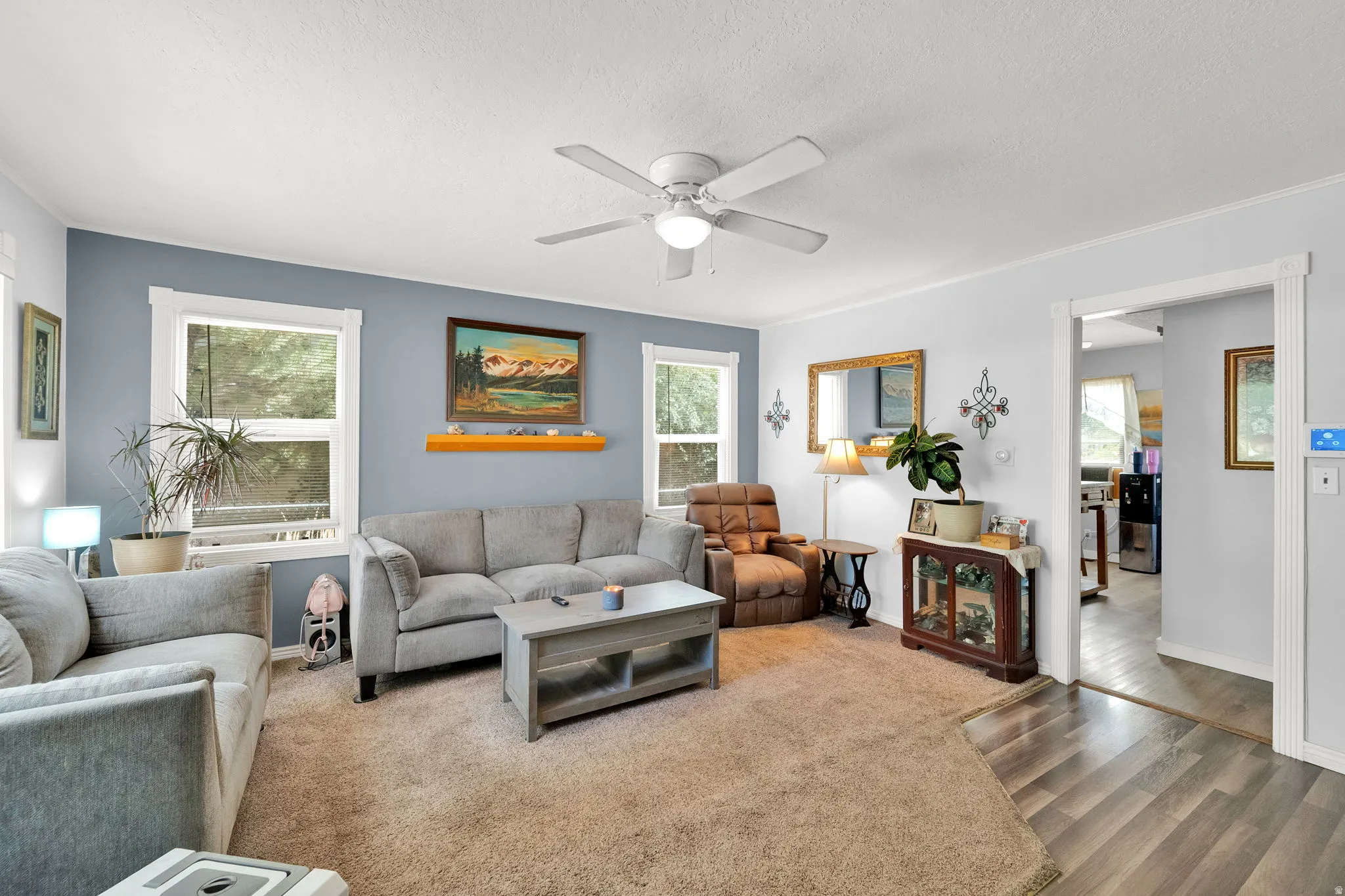 Light-toned walls with accent wall, ceiling fan, multiple windows, and wood-finish flooring