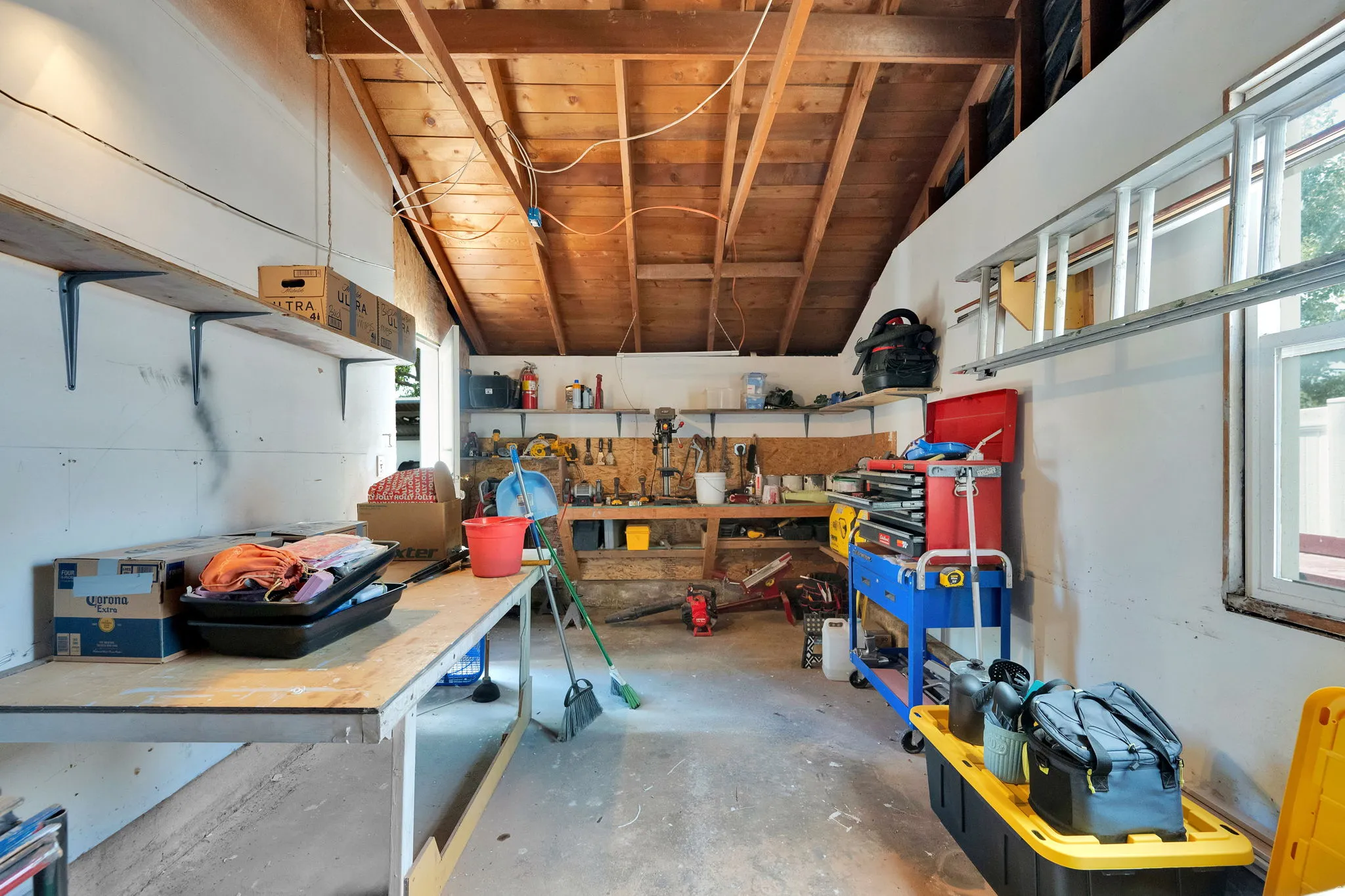 Exposed wood beam ceiling with natural finish