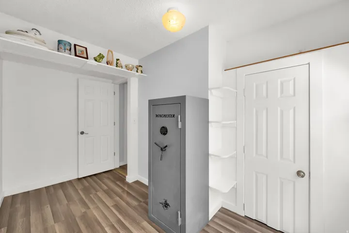 Wood-finish flooring, white paneled doors, built-in shelving, and a built-in overhead shelf