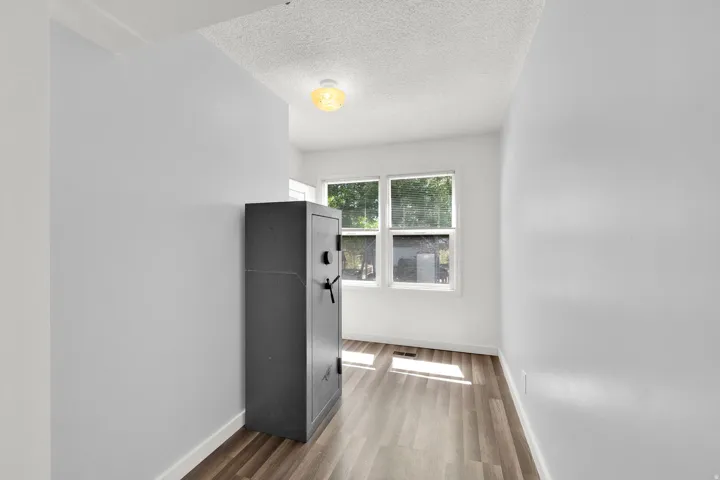 Wood-finish flooring, white painted walls, natural light from windows, and a ceiling-mounted light fixture