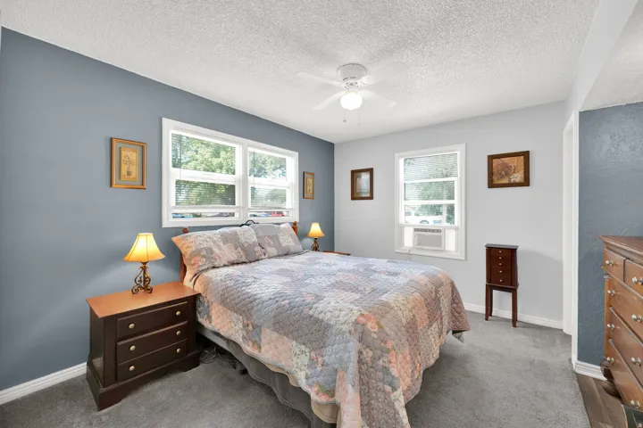 Two large windows with white trim, ceiling fan light fixture, light gray carpeting, and two-tone wall paint