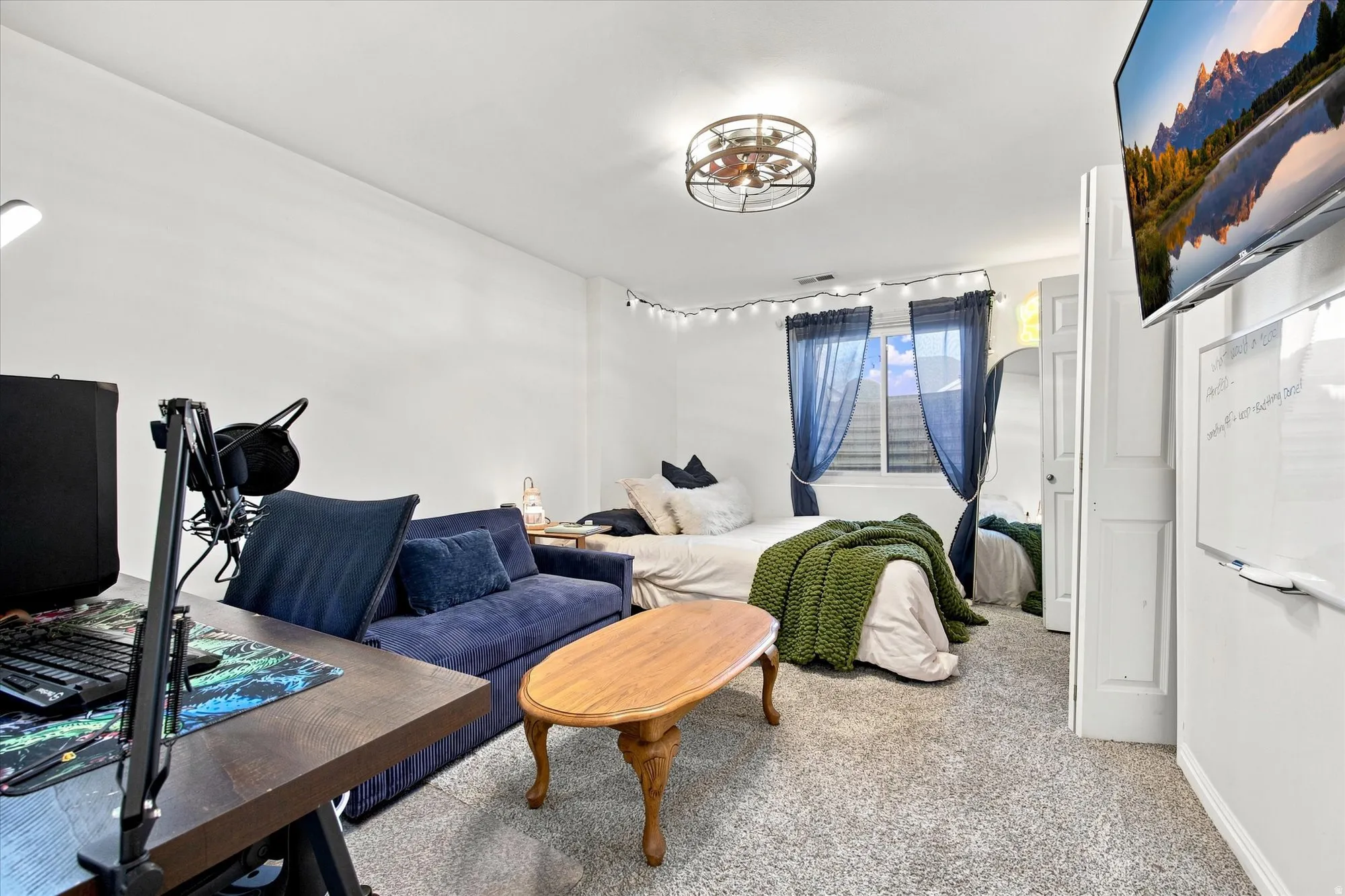Recessed window with privacy blinds, textured wall-to-wall carpeting, and a built-in overhead light fixture