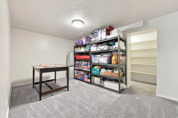 Carpeted room with recessed lighting and open doorway