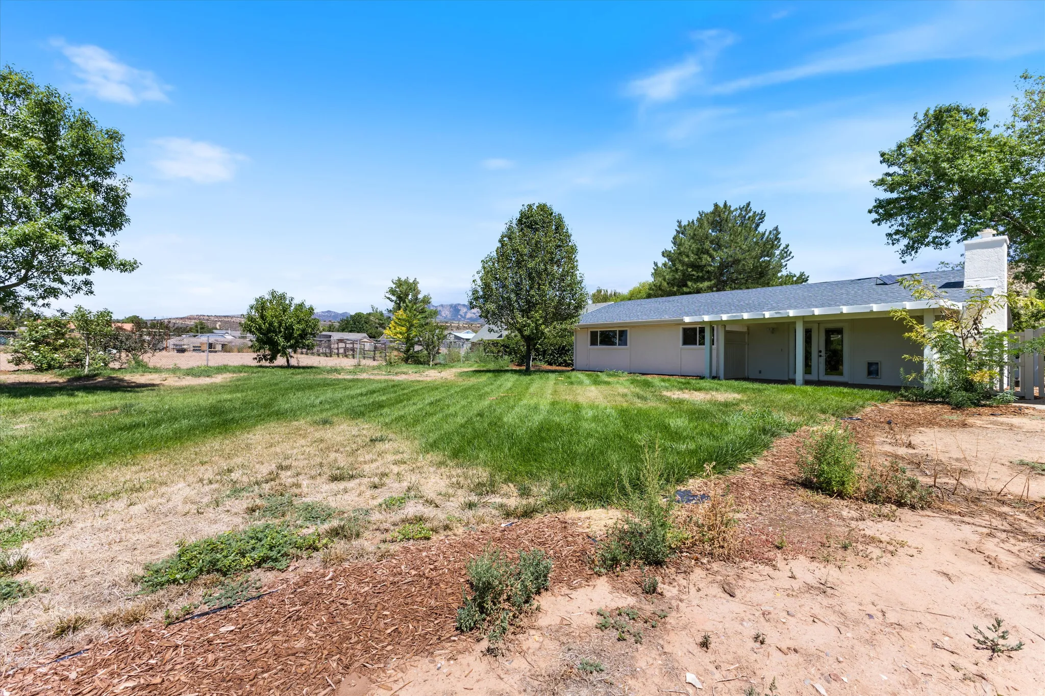 Expansive backyard featuring a partial manicured lawn, mature trees, and a covered patio with white columns