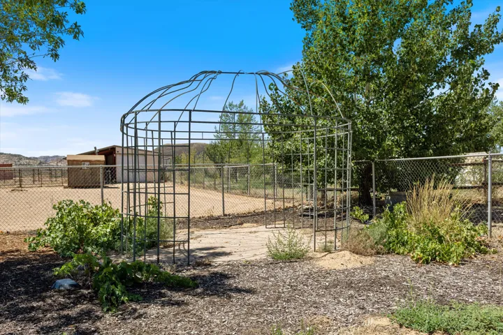 Expansive outdoor area featuring a metal trellis structure, mature trees, and a chain-link perimeter fence