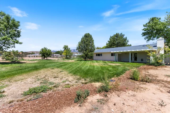 Expansive backyard featuring a partial manicured lawn, mature trees, and a covered patio with white columns