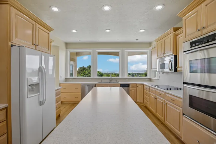 Central island with light-toned countertop, light wood cabinetry, recessed lighting, and stainless steel appliances