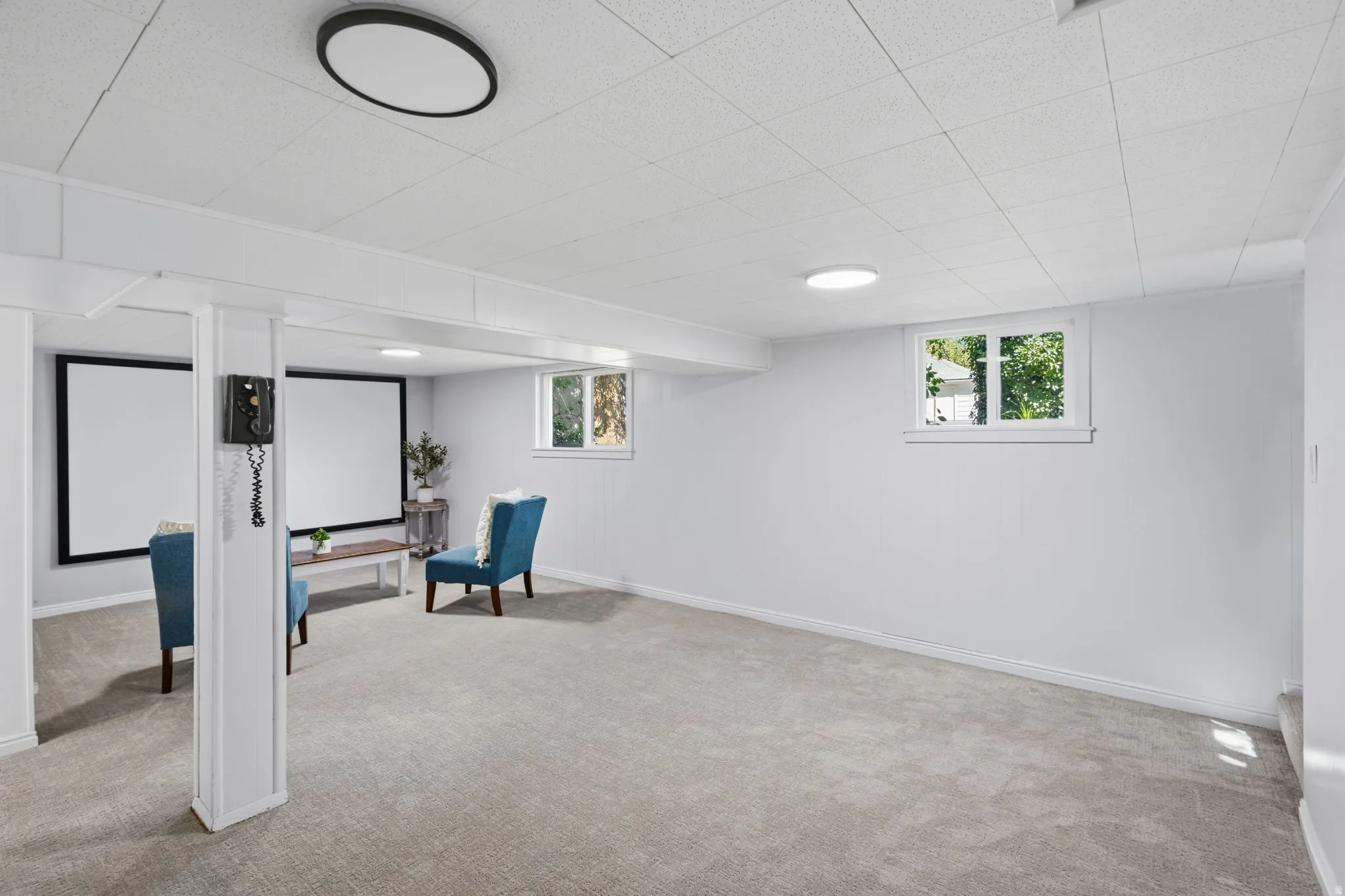 Recessed lighting, light-toned carpeting, two windows, and white walls