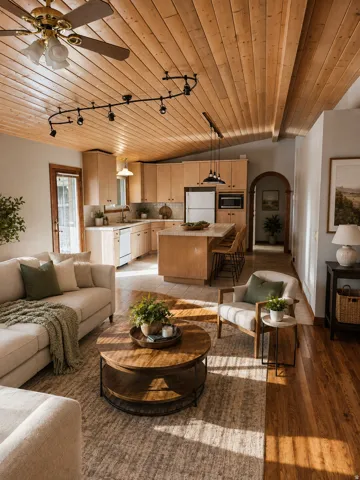 Virtually staged with a counter lip added to show possibilities. Vaulted wood-paneled ceiling, track lighting, wood-finish flooring, and a kitchen island.
