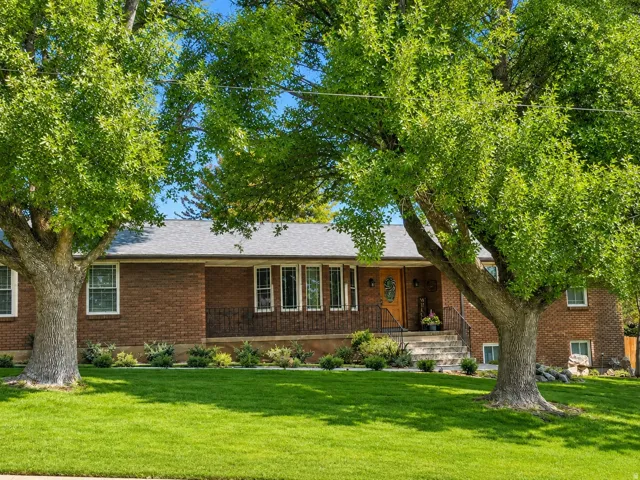Brick exterior with a covered porch entry, multiple windows, established trees, and a manicured lawn