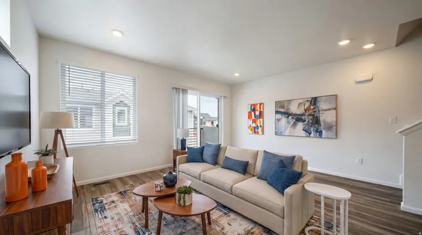 Recessed lighting, wood-finish flooring, white walls, large window with blinds, and sliding glass door