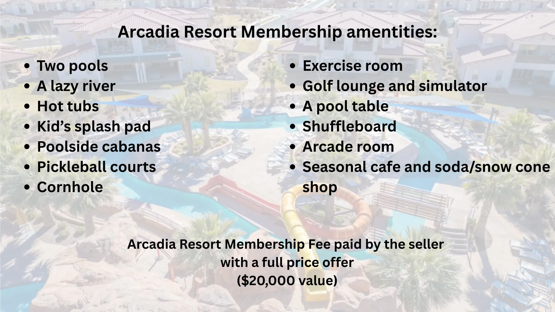 Listing of available amenities and membership fee details for the property