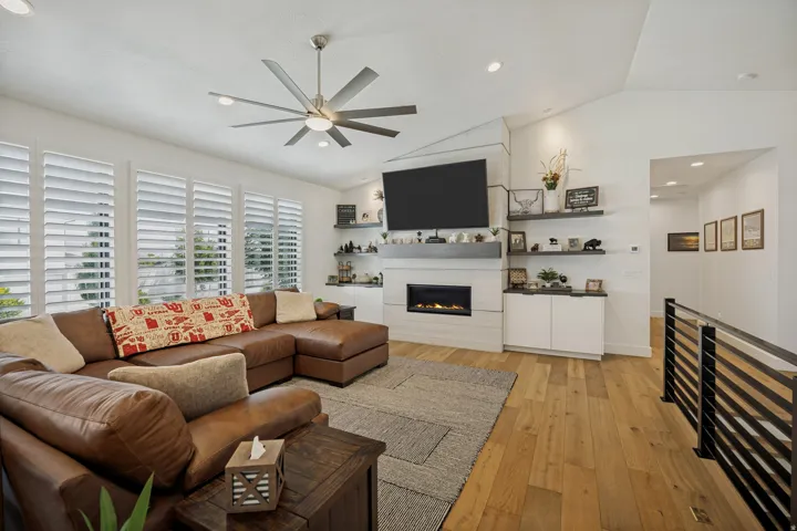 Angled vaulted ceiling with recessed lighting
