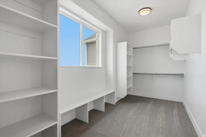 Built-in shelving, window, integrated bench seating, wall-mounted cabinetry, and carpet flooring